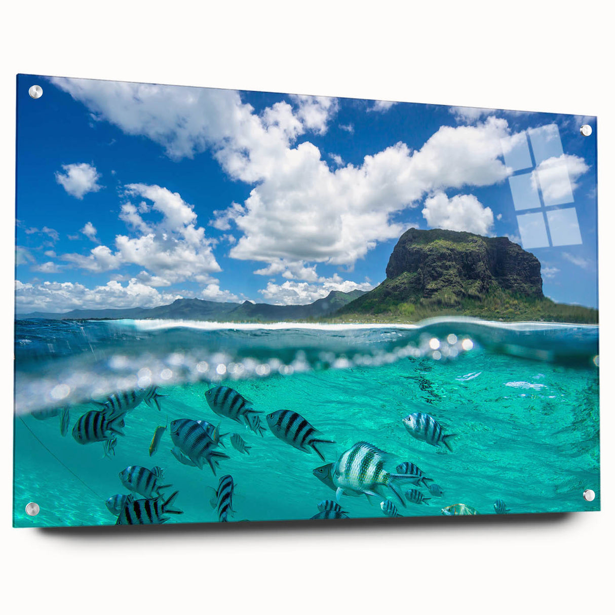 Acrylic print of a large abstract depiction of Mauritius scenery, in vibrant earth tones.