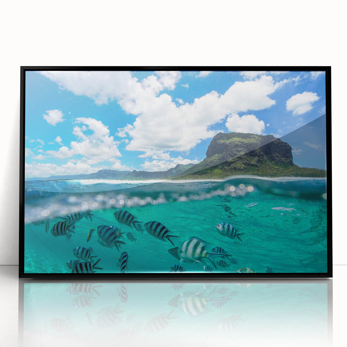 Large abstract wall art depicting a Mauritian landscape in muted earth tones on a framed acrylic.