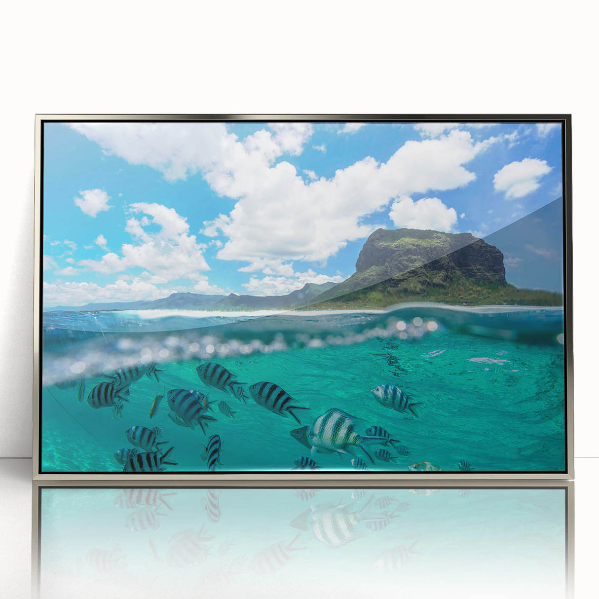 Art deco poster of a Mauritius landscape on silver-framed acrylic, featuring pastel shades, ideal for modern art wall decor.