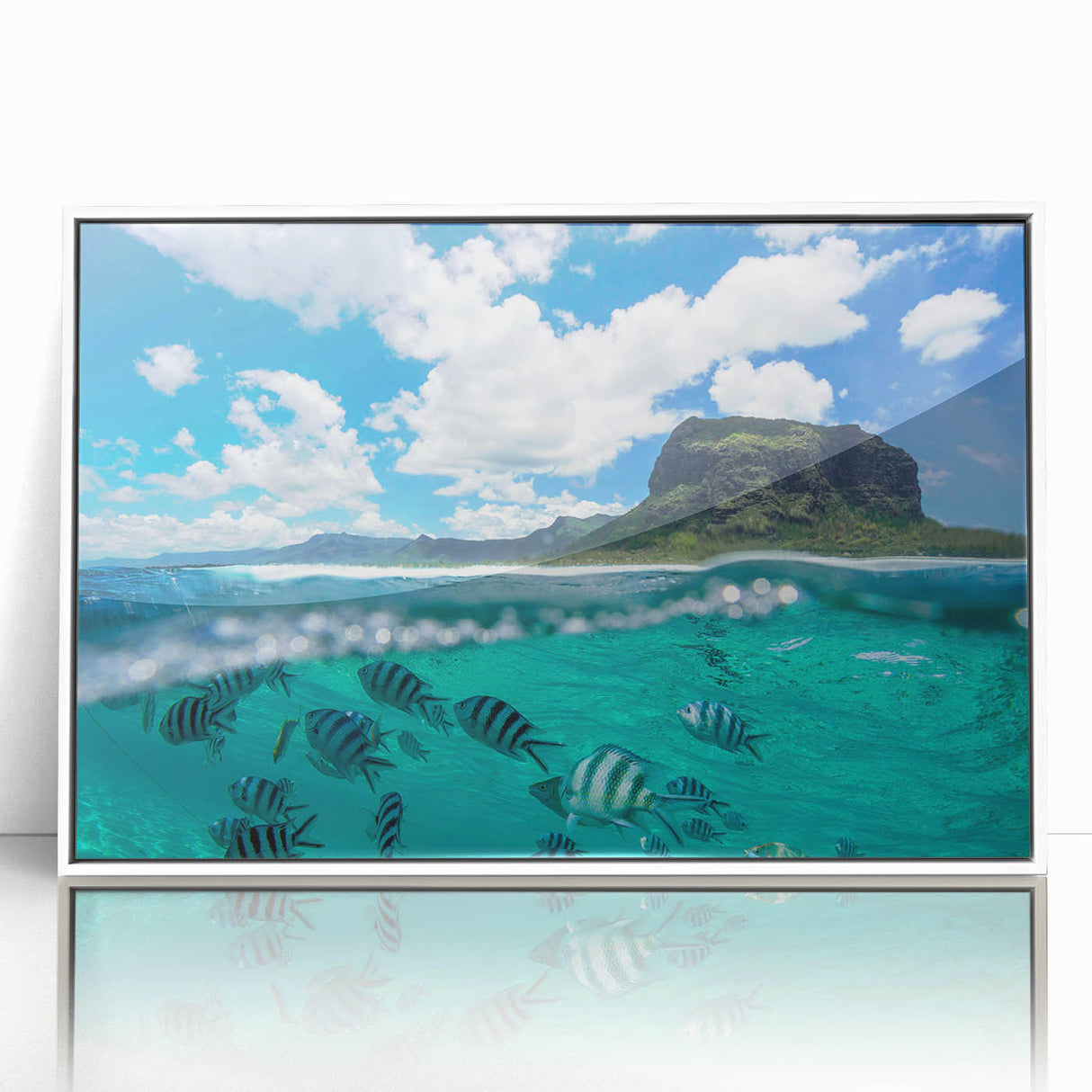 A mid-century modernist style large art print of a Mauritius landscape on white framed acrylic.