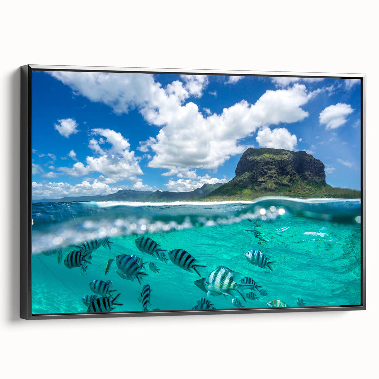 Black and white framed canvas of a Mauritius landscape, ideal for bedroom wall decor.