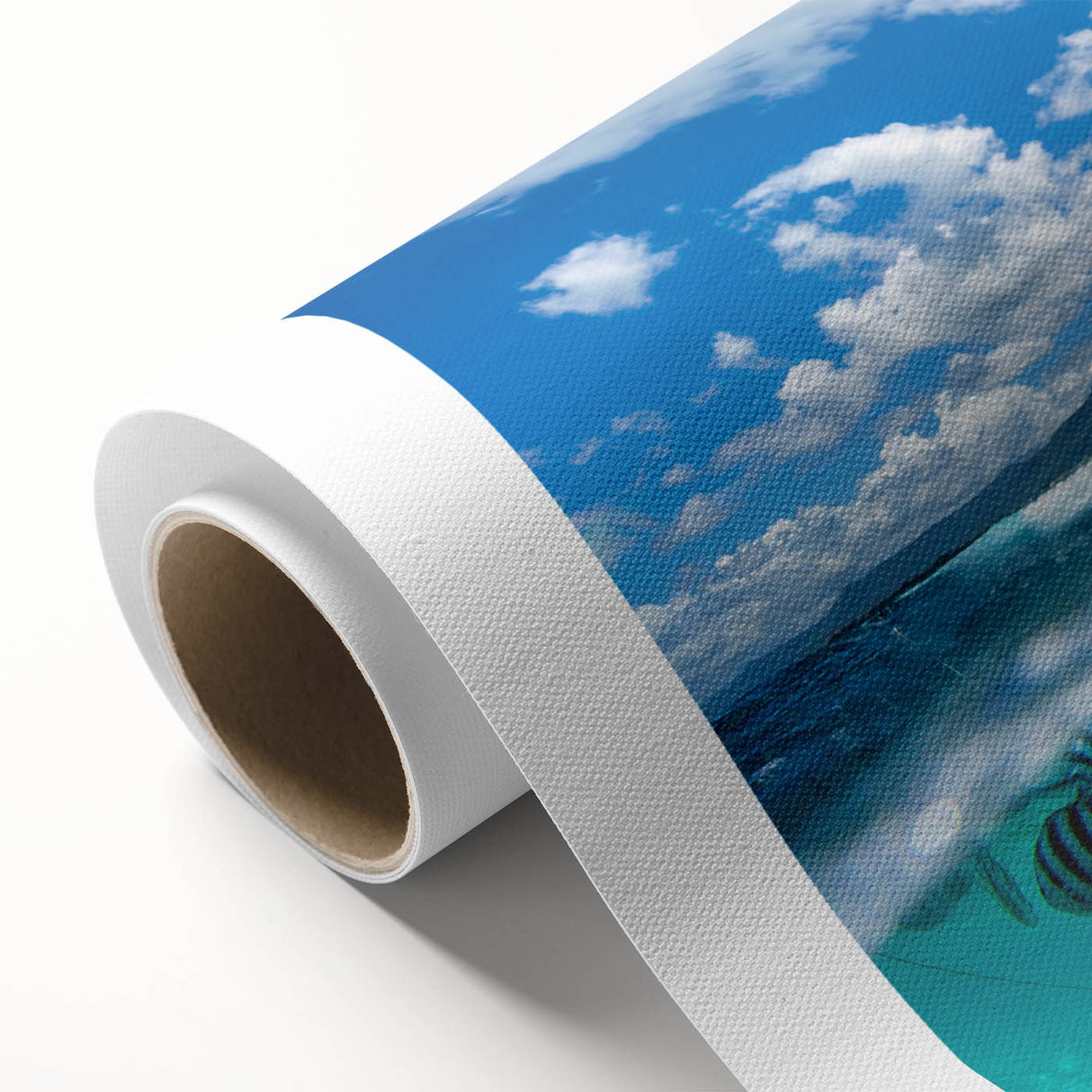 Art deco poster of a serene Mauritius landscape in soft blue and green tones on rolled canvas, ideal for nursery wall art.