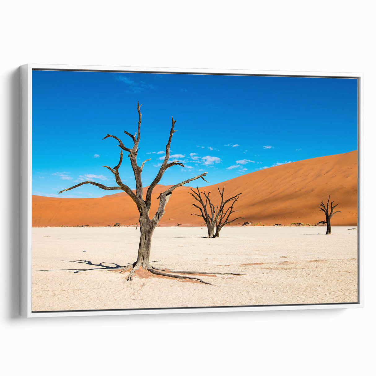 Framed canvas of a Namibian landscape with muted earth tones, ideal for bedroom wall art.