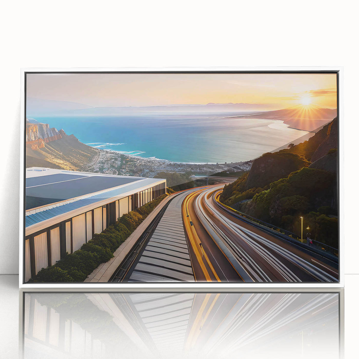 Acrylic print of a South African landscape in muted earth tones, framed in white, suitable as modern art wall decor.