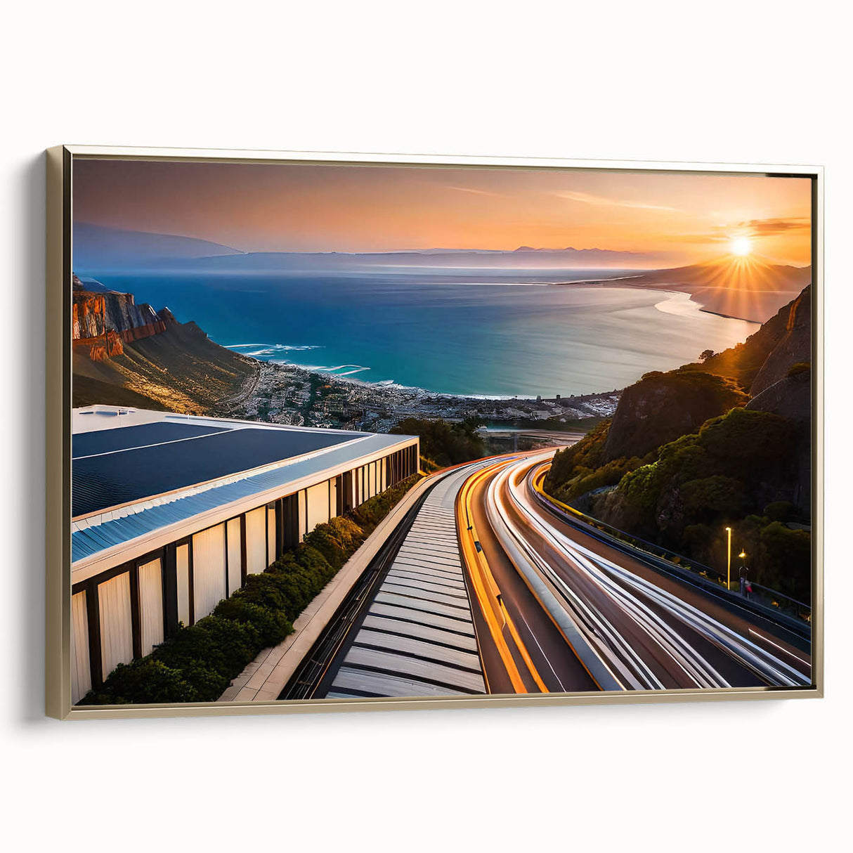 Framed canvas depicting a vintage-style South African landscape in muted gold and black tones, suitable for bedroom wall art.