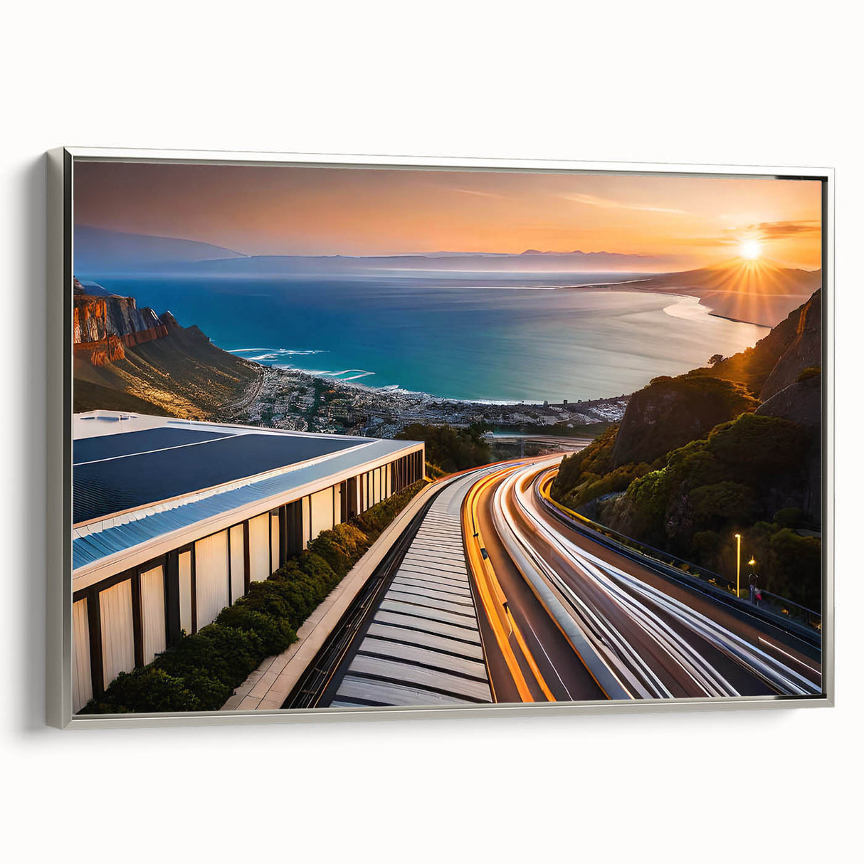 Landscape art painting of a South African scenery on a framed canvas, featuring vibrant colors against a black background.