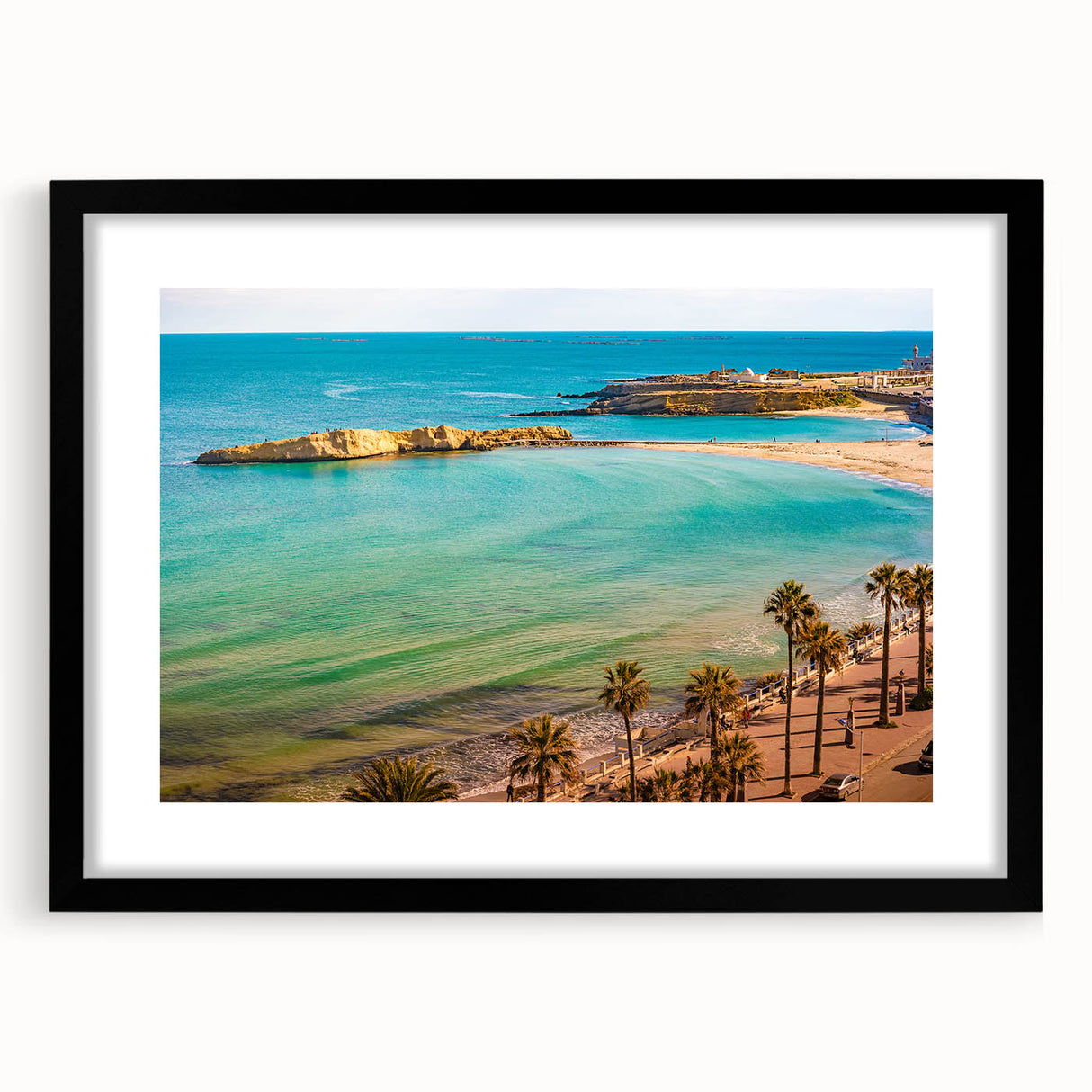 Extra large abstract art print of a colorful Tunisian landscape on textured canvas, framed in black.