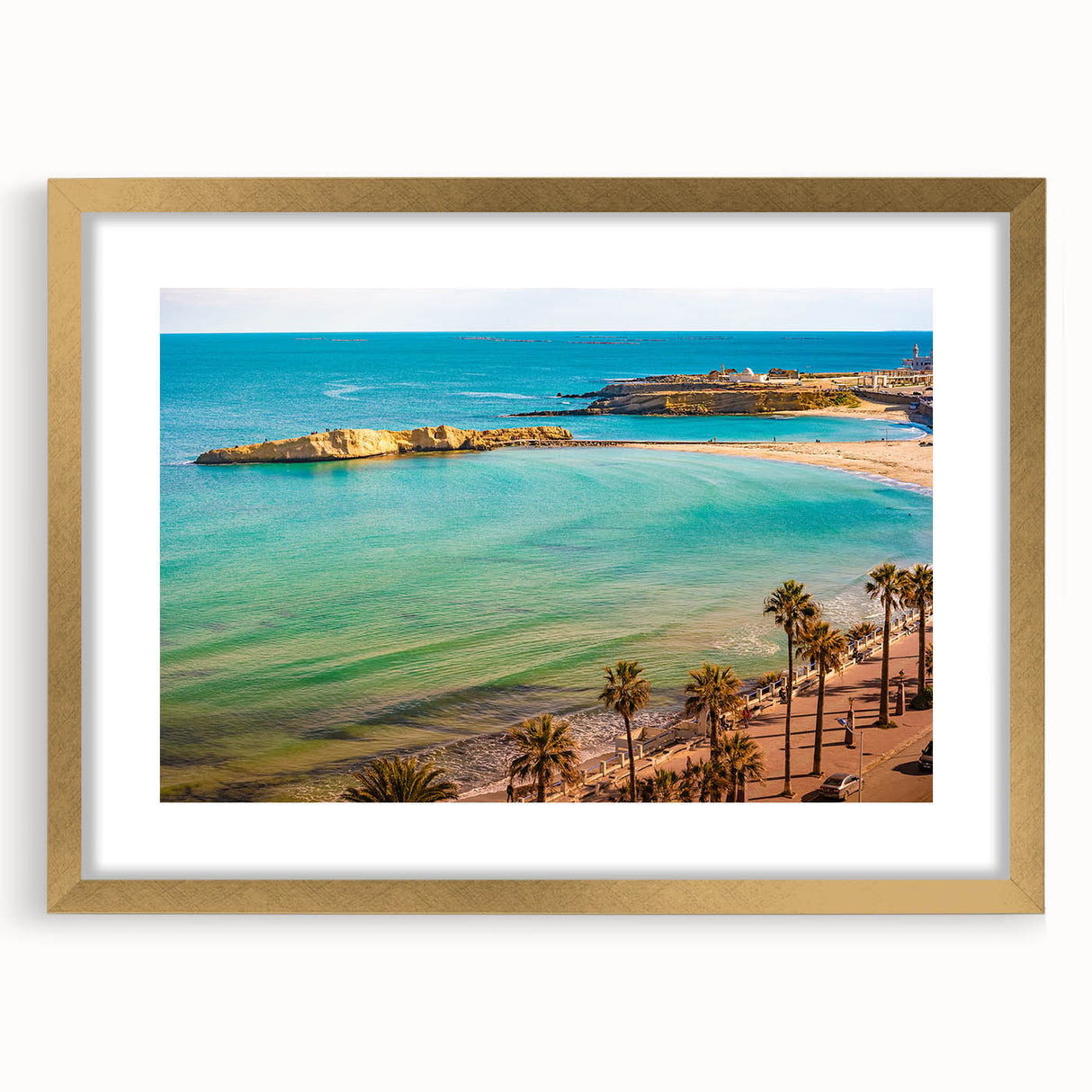 Abstract art print of a Tunisian landscape in muted earth tones, framed in gold, ideal for dining room decor.