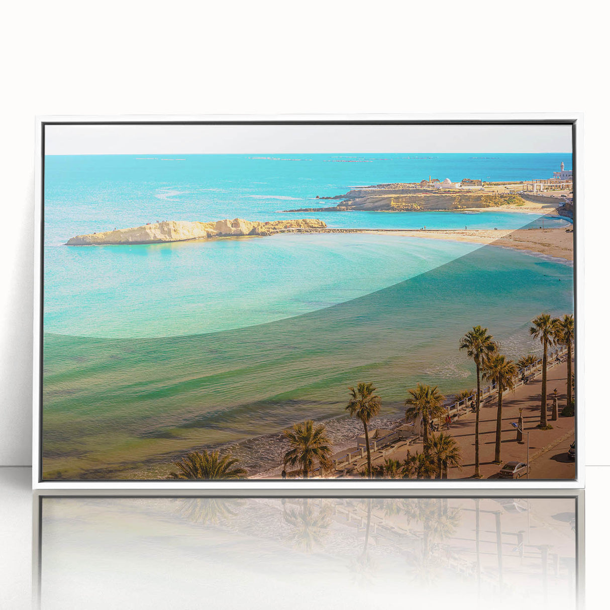 Art deco poster of a Tunisian landscape in muted earth tones on a white framed acrylic, suitable for modern art wall decor.