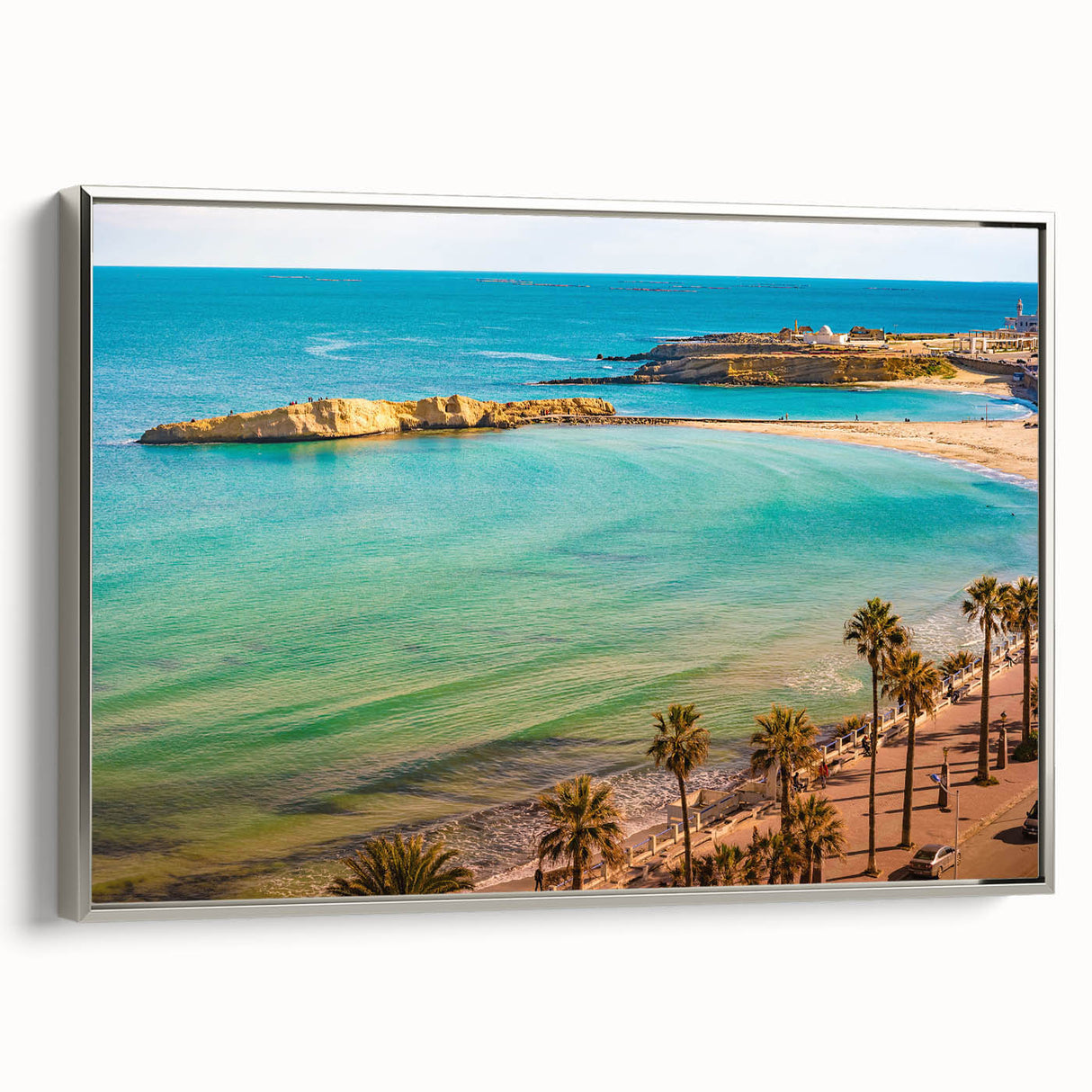 Framed canvas landscape art painting featuring a vintage Tunisian scenery in muted earth tones.