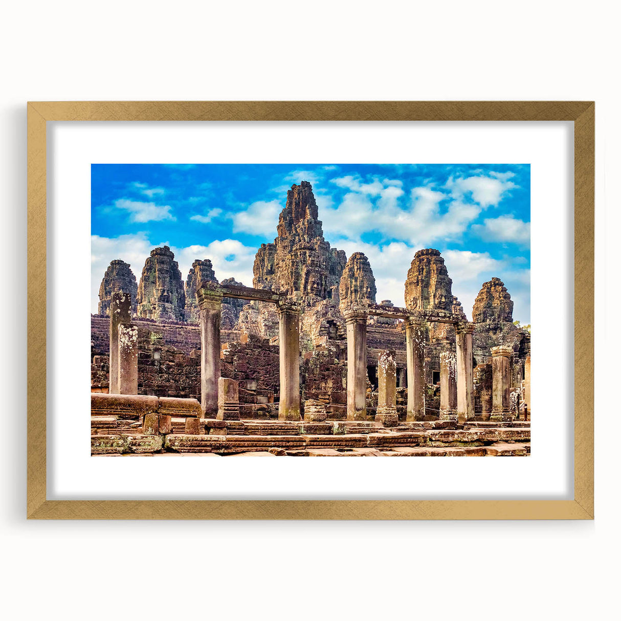 Extra large abstract art print of a Cambodian landscape in gold frame, featuring textured details and earthy tones.