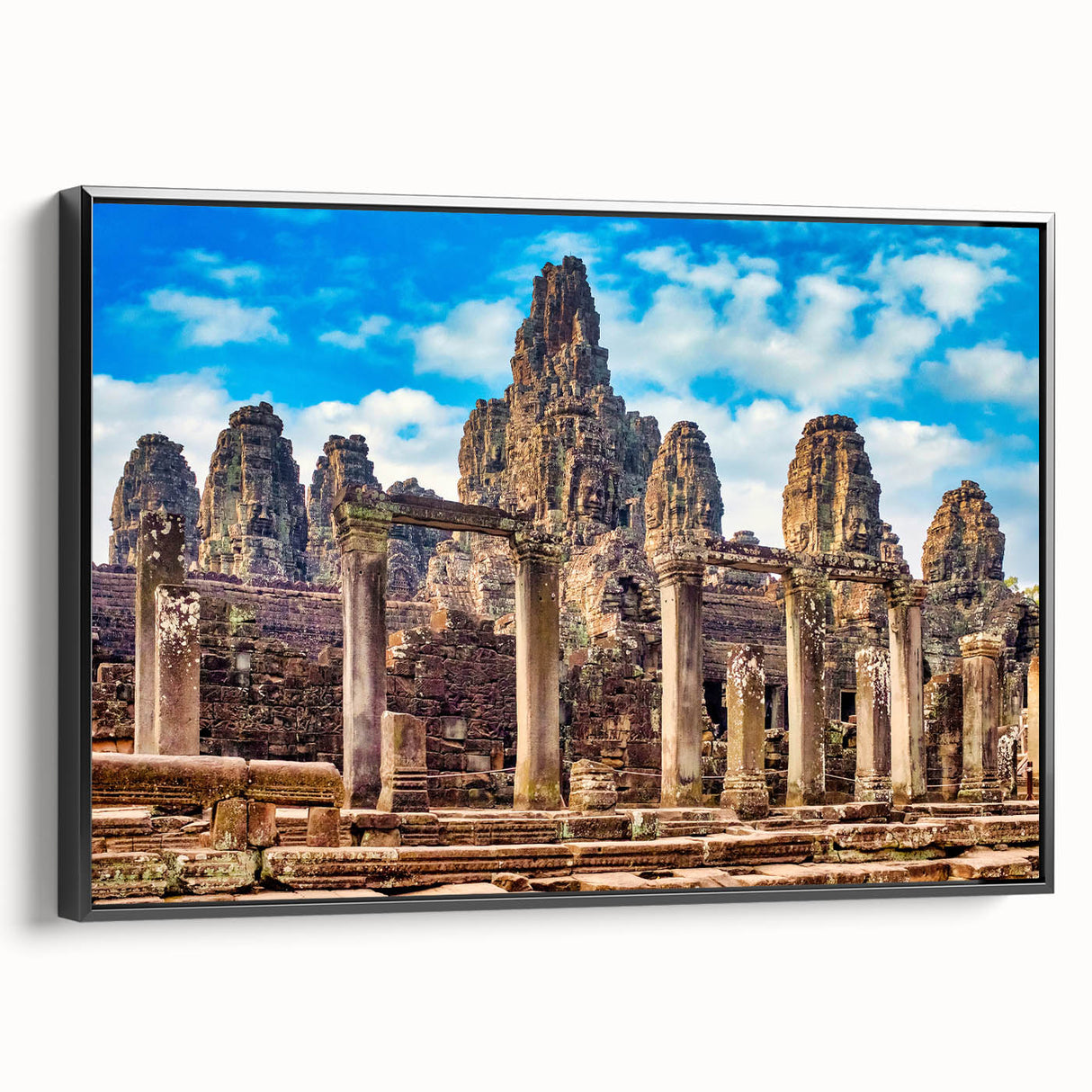 Black and white wall art featuring a Cambodian landscape on framed canvas, ideal for bedroom decor.
