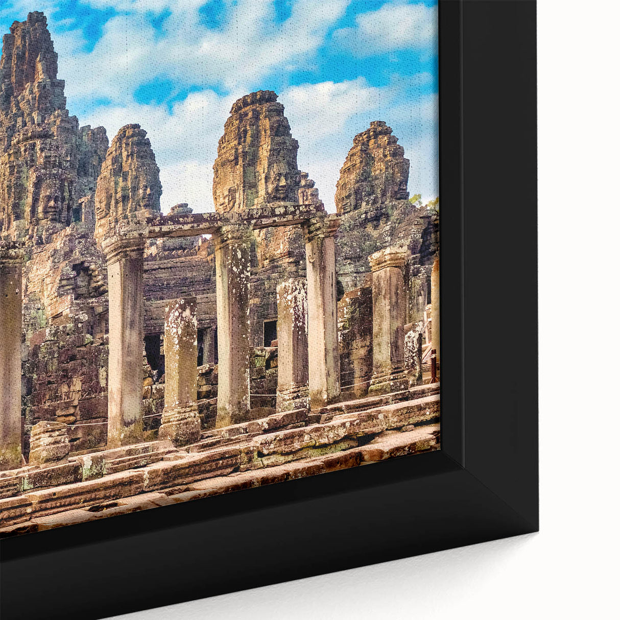 Extra large framed canvas featuring a textured depiction of a Cambodian landscape in black with colorful accents.