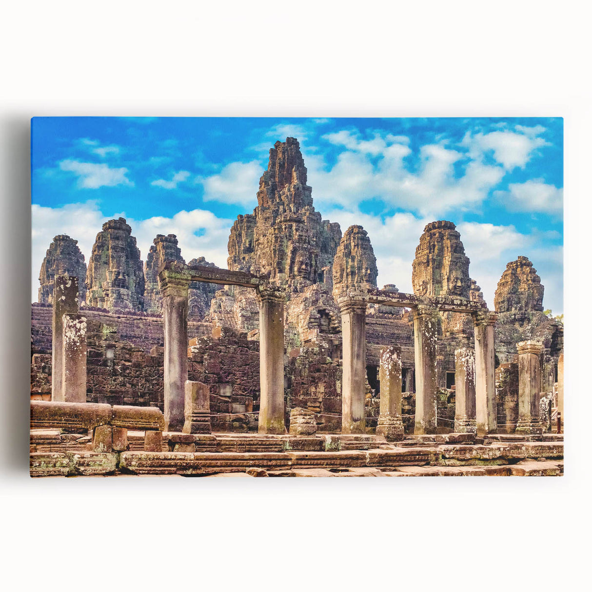 Black and white photograph of Angkor Wat on stretched canvas, suitable as large kitchen art.
