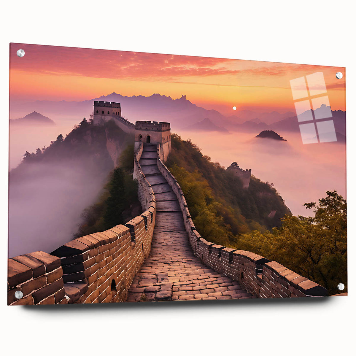 Acrylic print of the Great Wall of China in muted earth tones, ideal for dining room or bedroom decor.