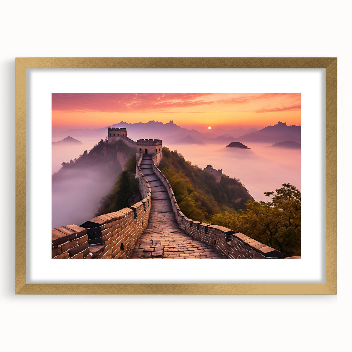 Extra large wall art featuring a textured abstract print of the Great Wall of China in muted earth tones, framed in gold.