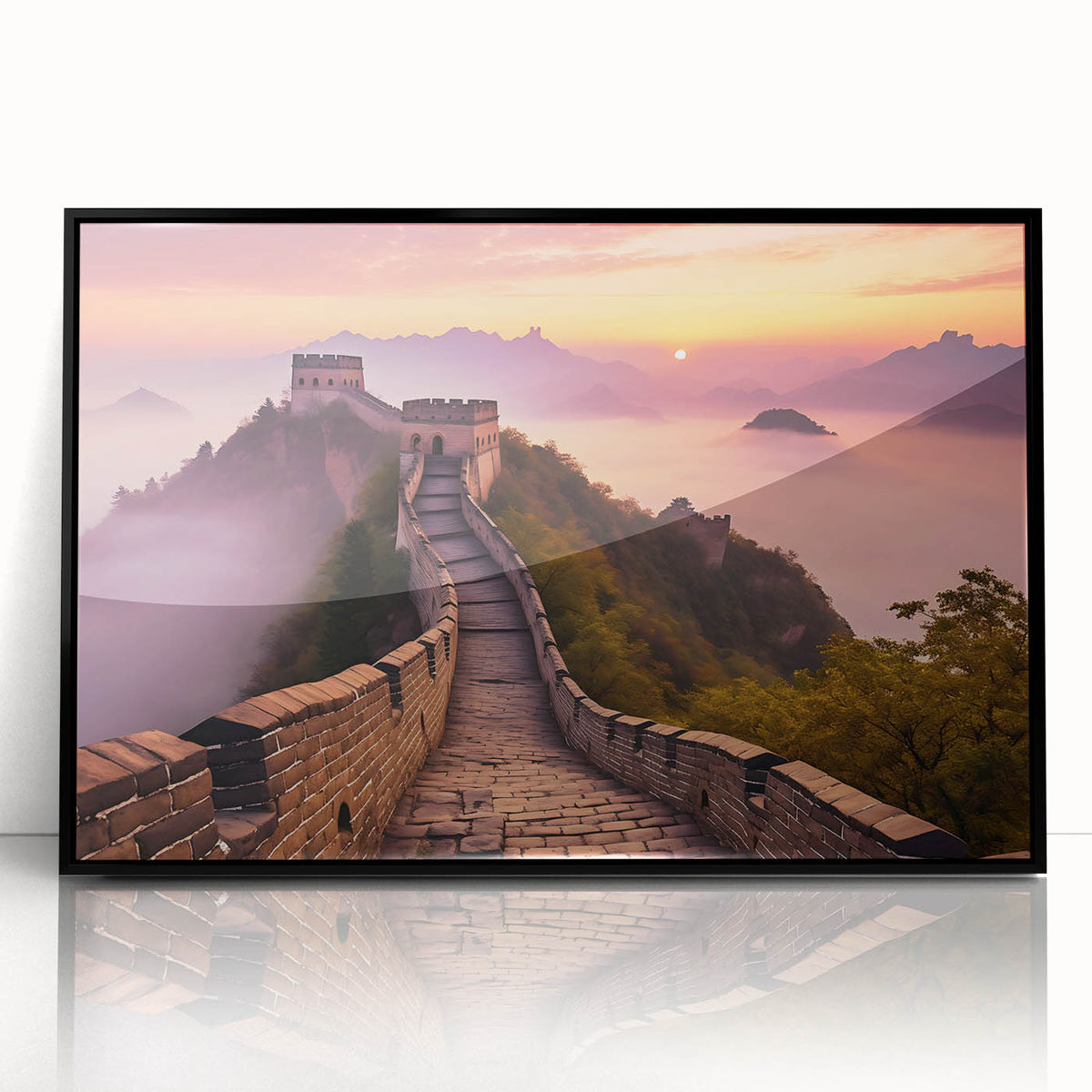 Acrylic print of the Great Wall of China in muted earth tones, framed in black, suitable for modern art wall decor.