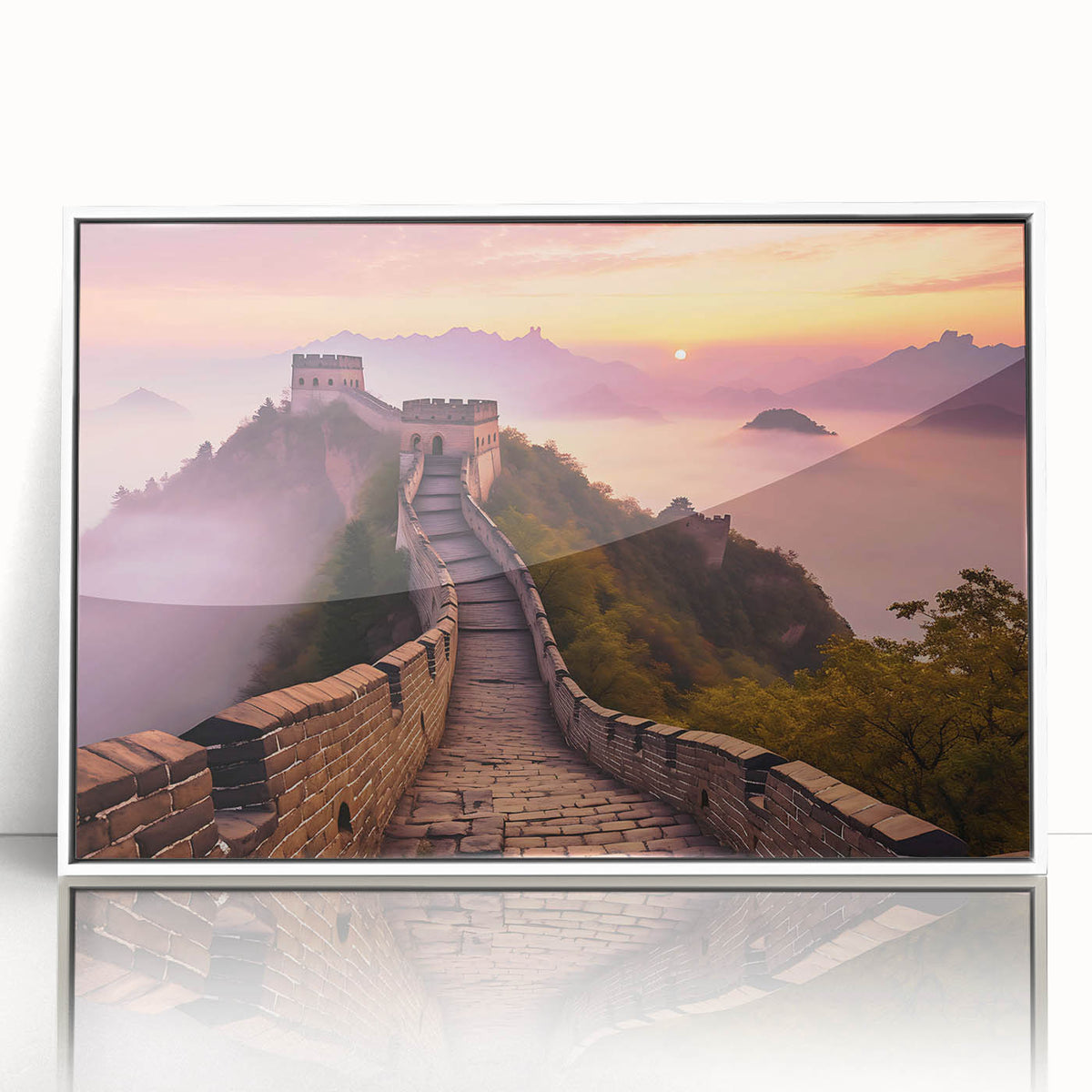 Acrylic print of the Great Wall of China in muted earth tones, framed in white, suitable for modern art wall decor.
