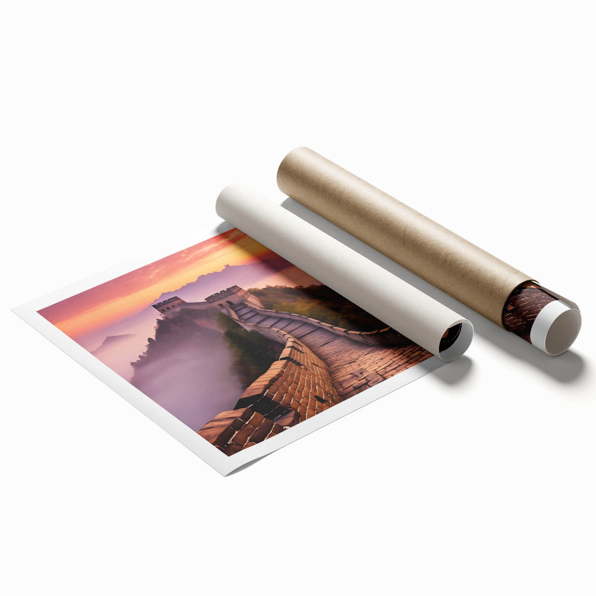 Extra large rolled print of the Great Wall of China in muted earth tones, ideal for large living room wall art.