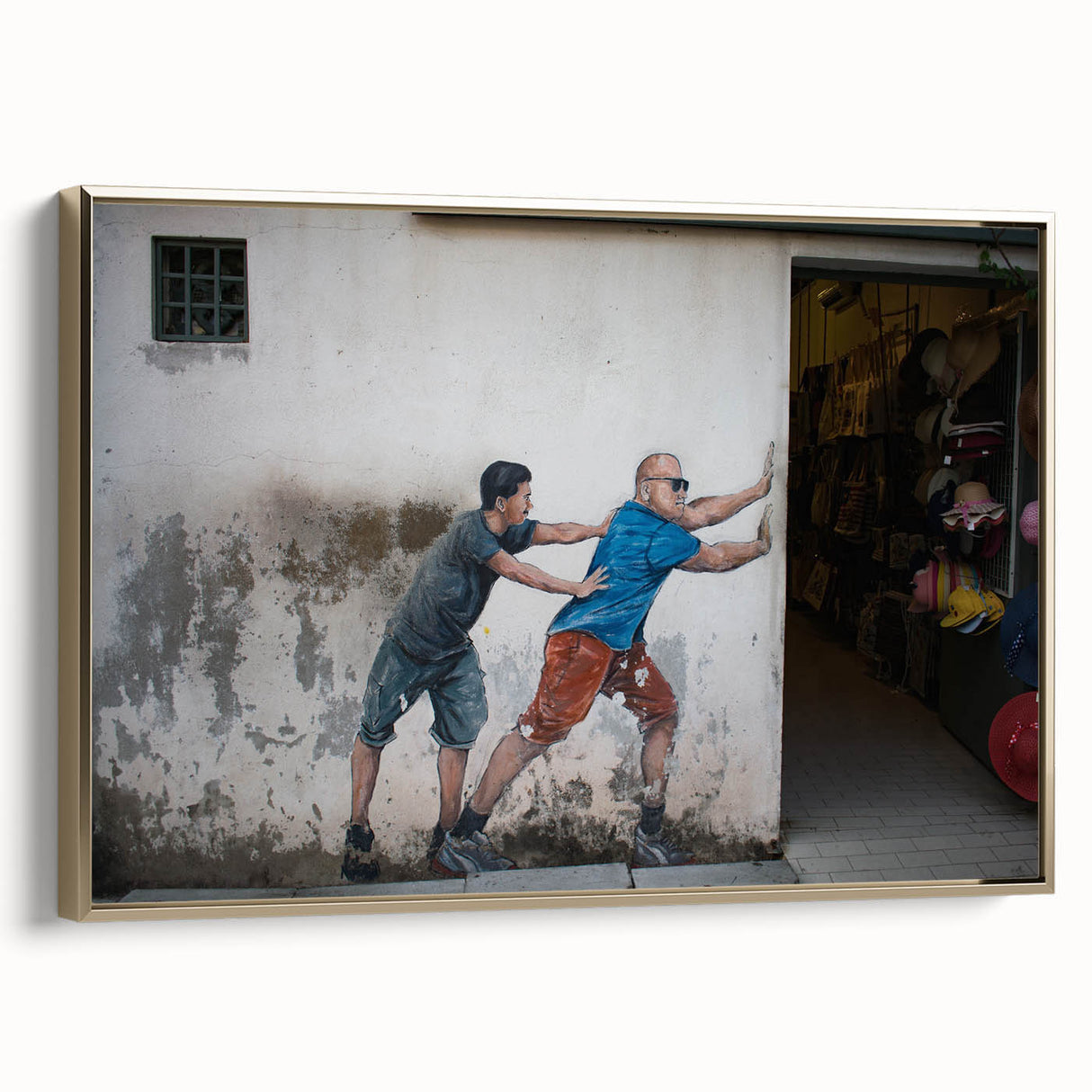 Framed canvas depicting a vintage-style Malaysian landscape in black and gold tones, ideal for bedroom wall art.