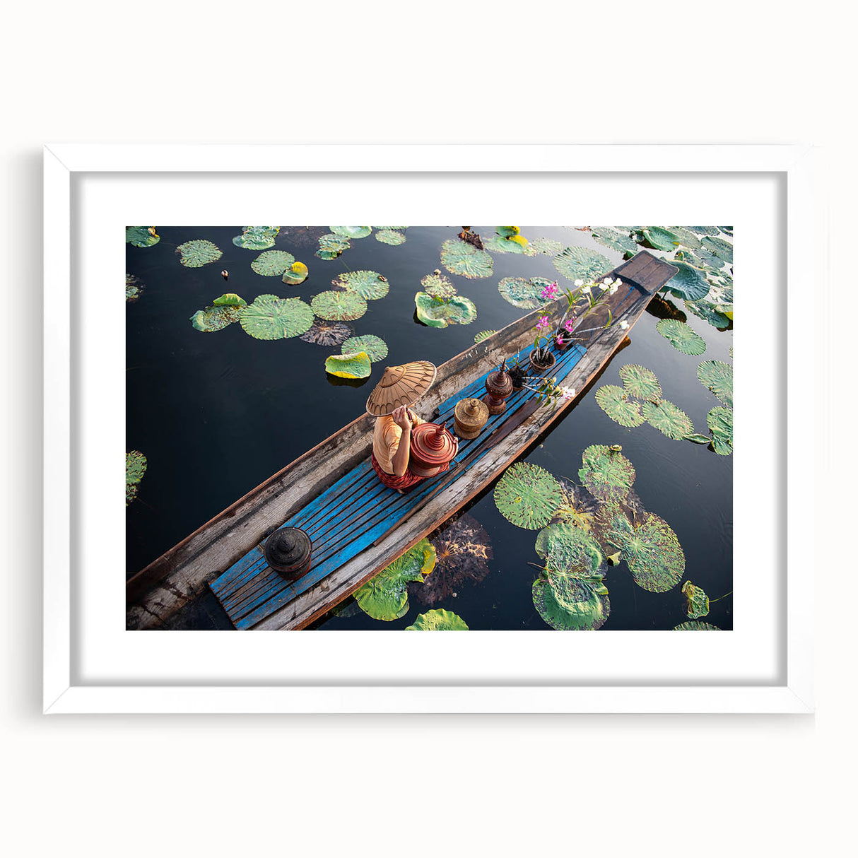 Abstract art print of a serene Myanmar landscape in muted earth tones, framed with a white mat.