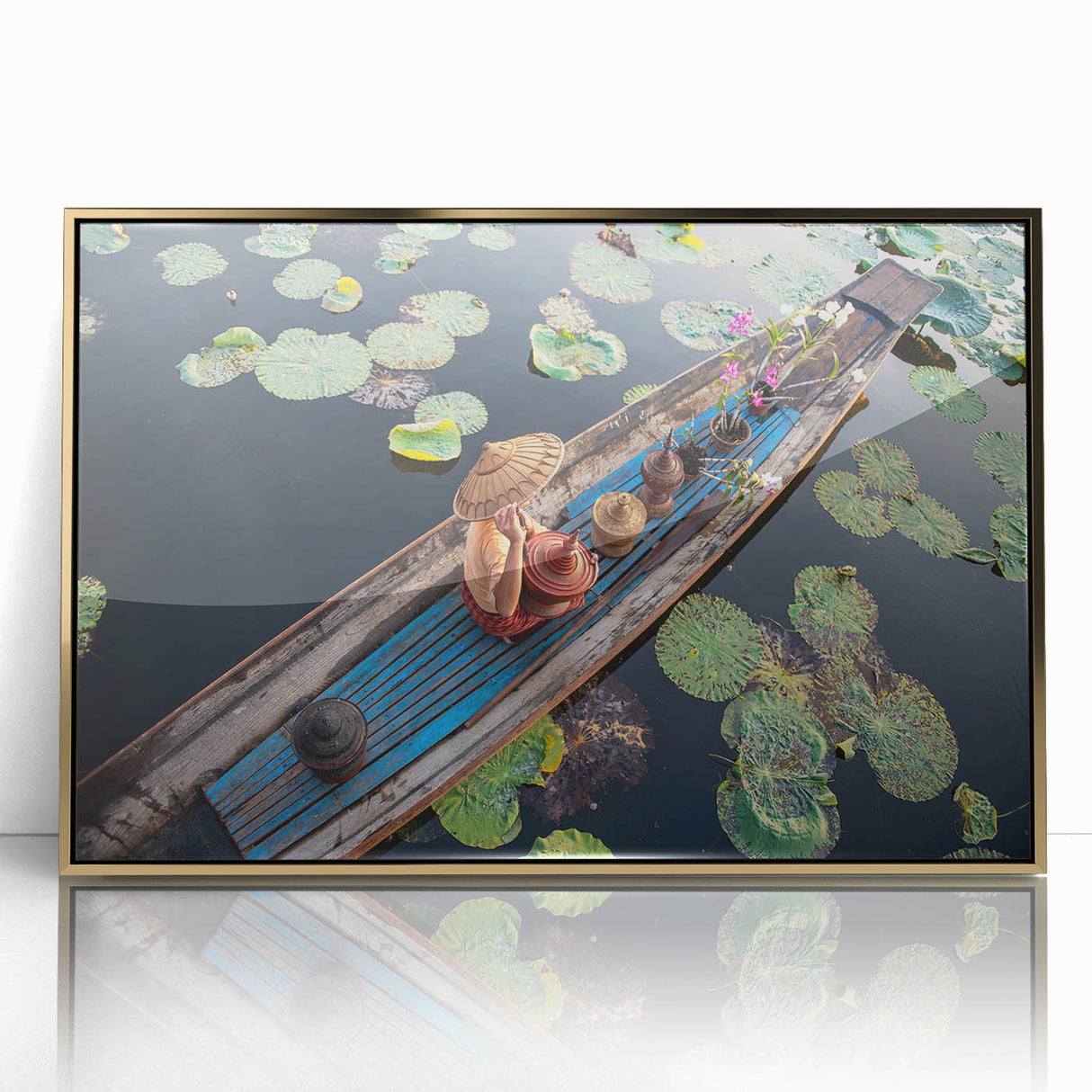 Large acrylic print of a Myanmar landscape in gold tones, framed, mid-century modernist style.