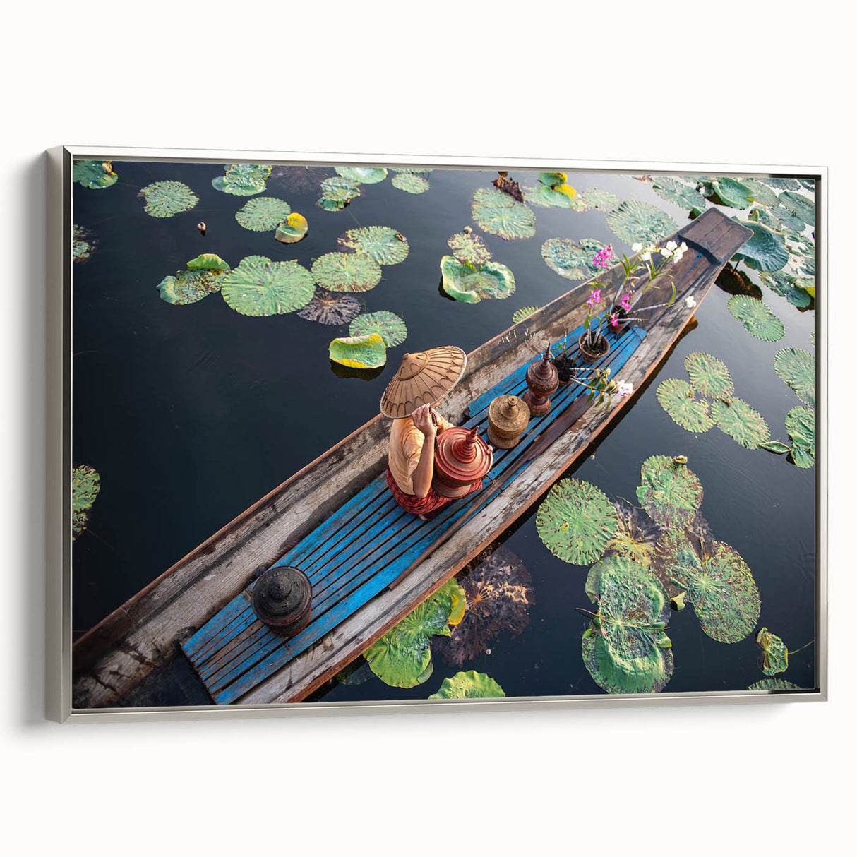 Landscape art painting of a Myanmar scenery on framed canvas, featuring vibrant colors against a black background.