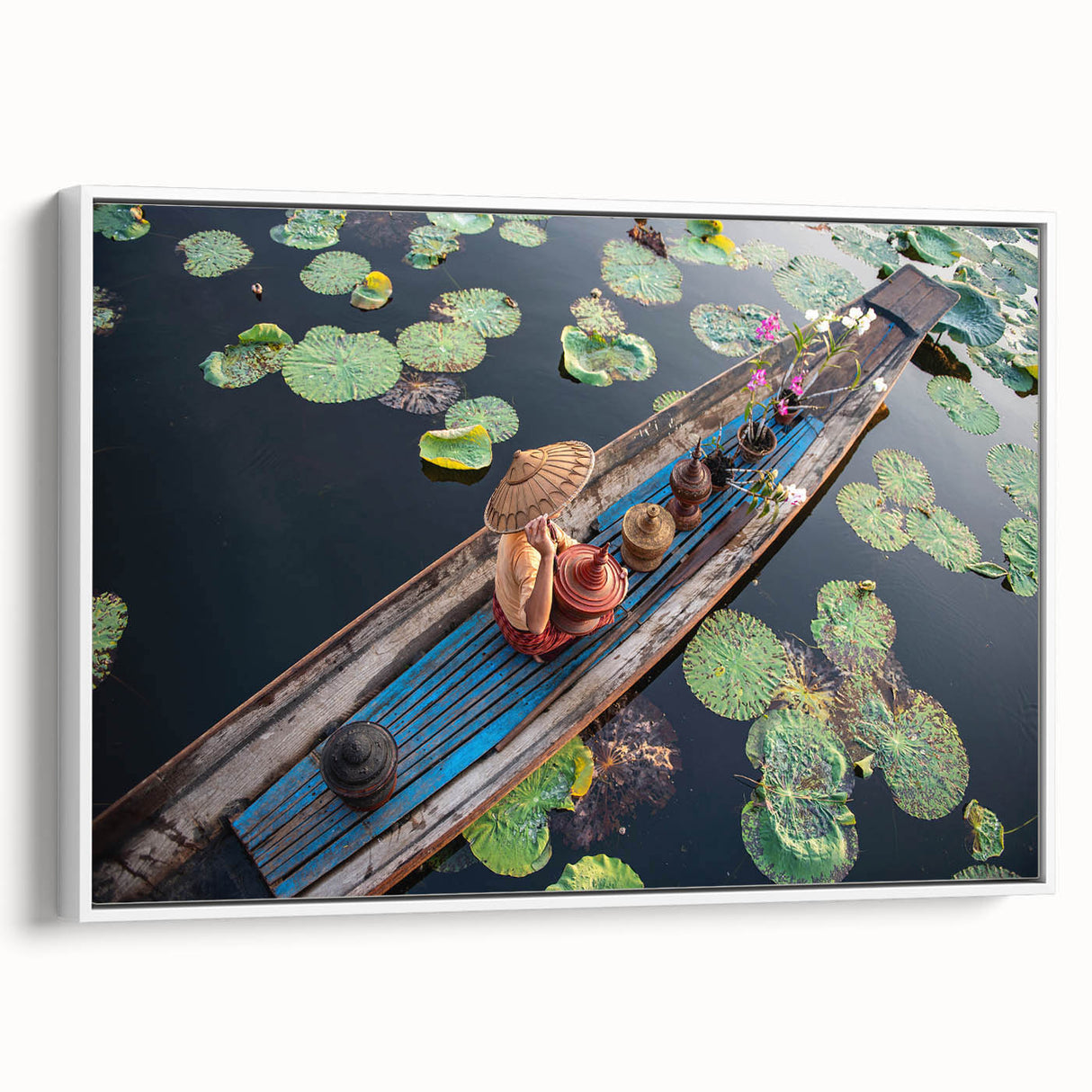 Vintage poster art of a scenic Myanmar landscape in vibrant colors on a large framed canvas, ideal for living room decor.