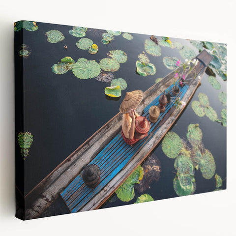 Large canvas print depicting a tranquil Myanmar landscape in muted green and blue tones, suitable for kitchen wall art.