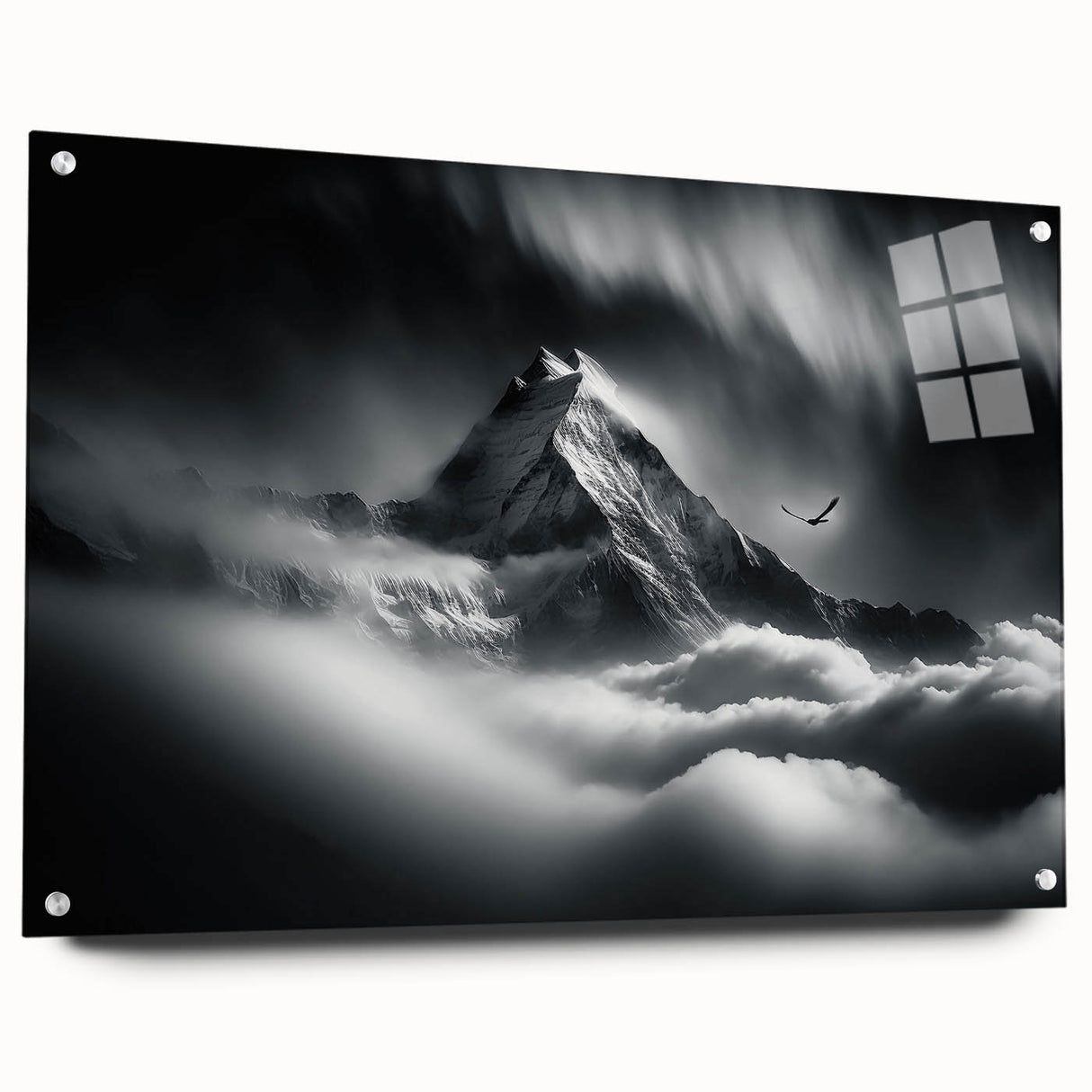 Acrylic print of a large abstract depiction of Nepalese scenery in muted earth tones, ideal for bedroom or dining room decor.