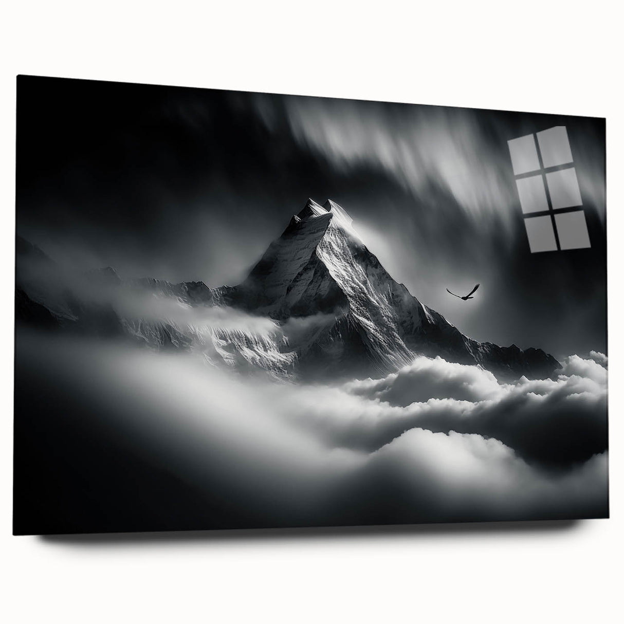 Large abstract wall art depicting a serene Nepalese landscape in cool blue and green tones on acrylic glass.