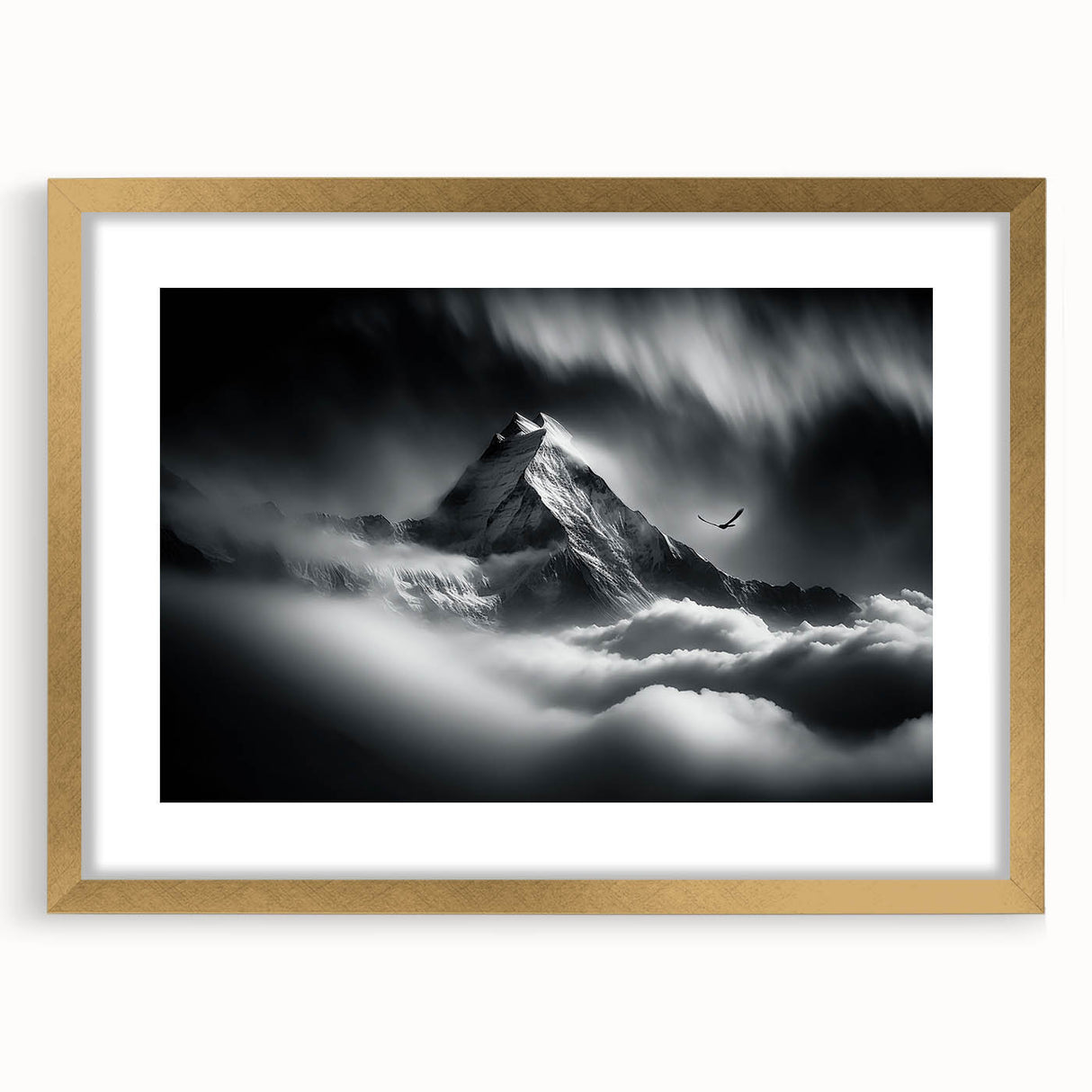 Extra large textured abstract art print of a scenic Nepal landscape in a gold frame, ideal for living room decor.