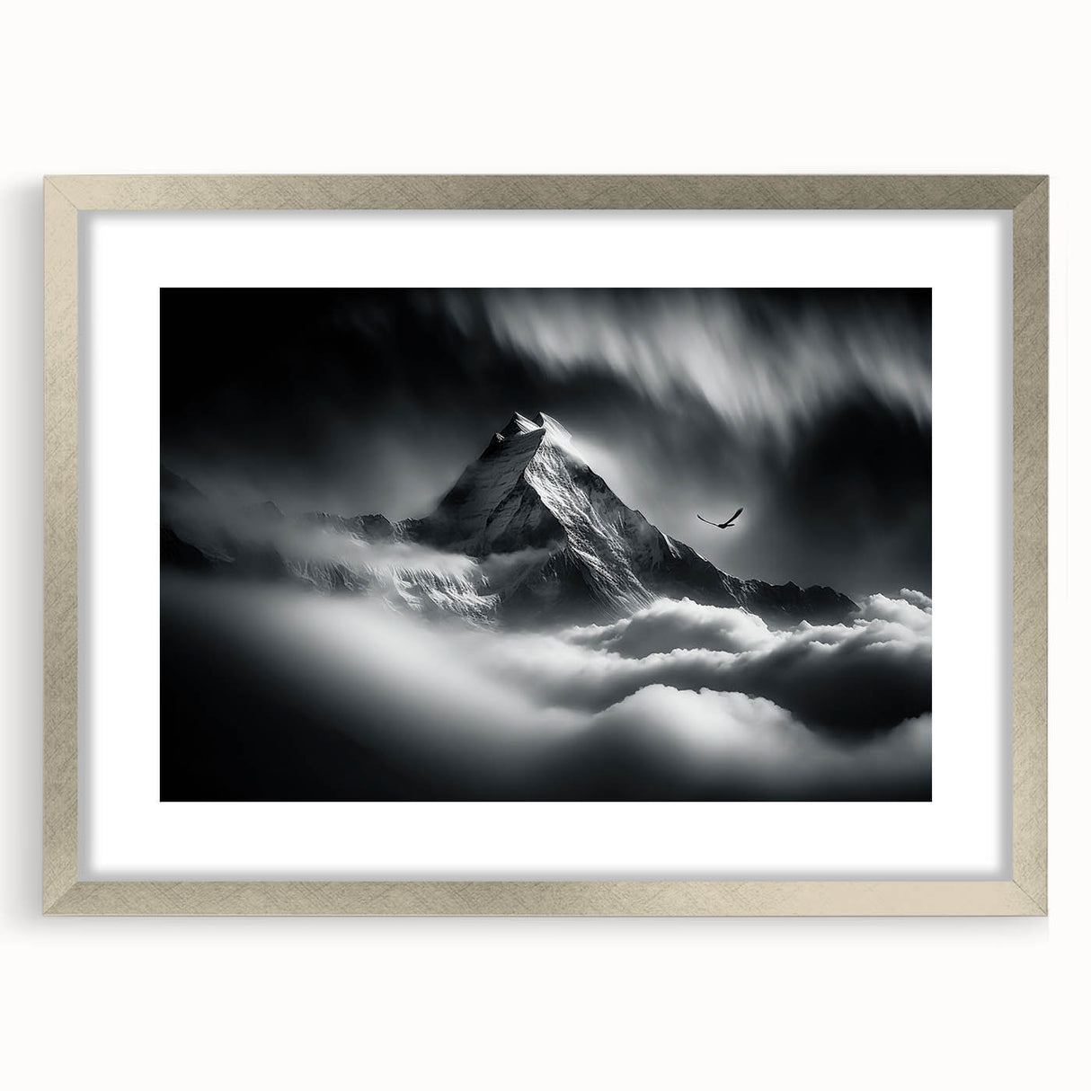 Textured art print of abstract Nepalese landscape in muted earth tones, framed in silver, ideal for bedroom art.