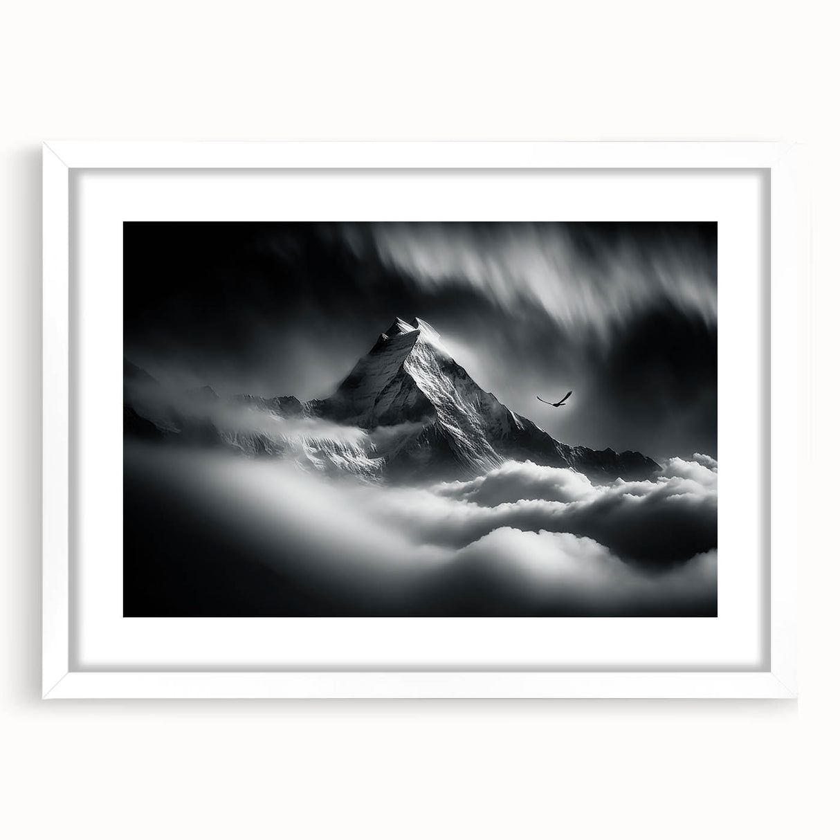 Abstract art print of a Nepalese landscape in muted earth tones on a framed white mat, ideal for dining room decor.