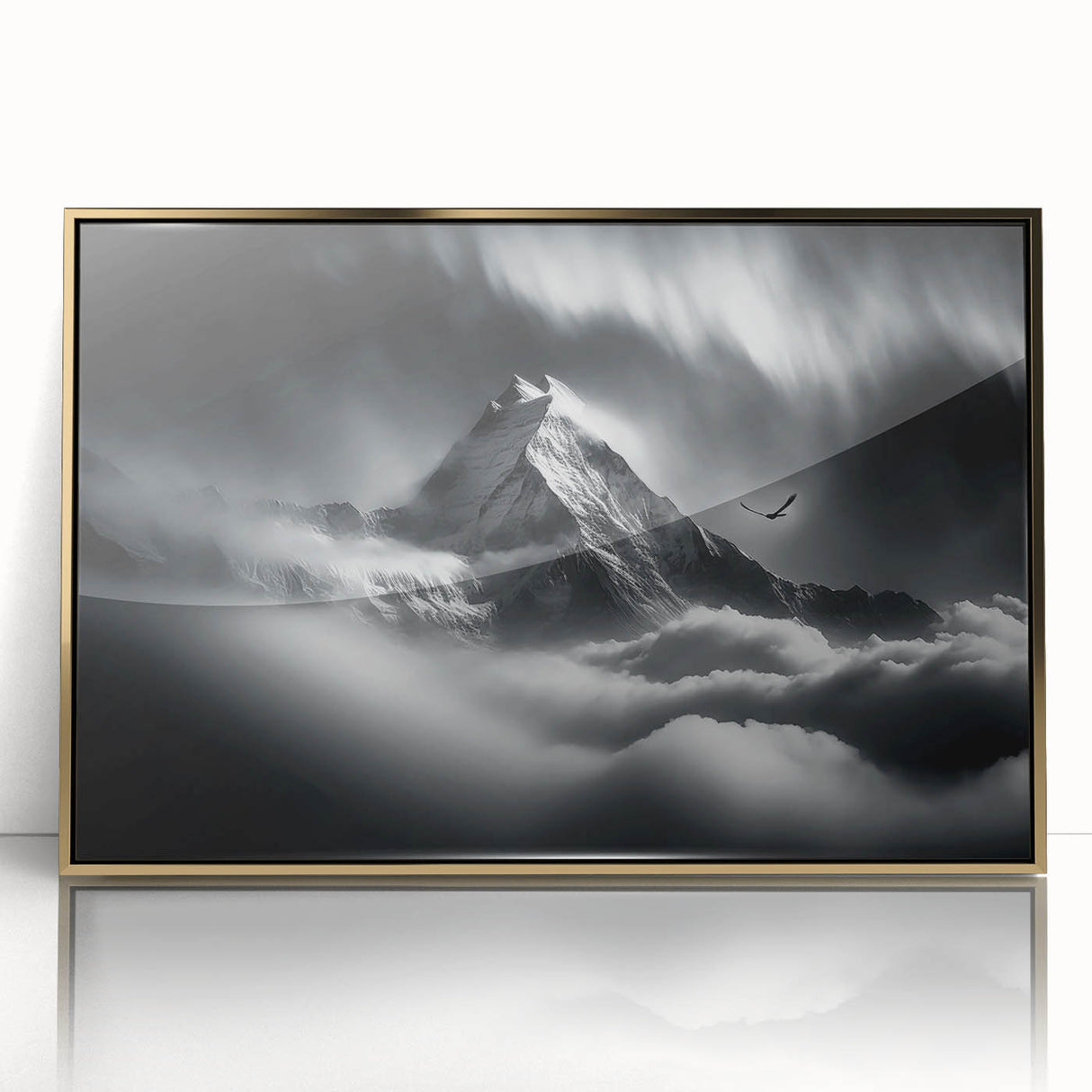 Acrylic print of a serene Nepalese landscape in soft gold and green tones, framed, suitable for modern art wall decor.