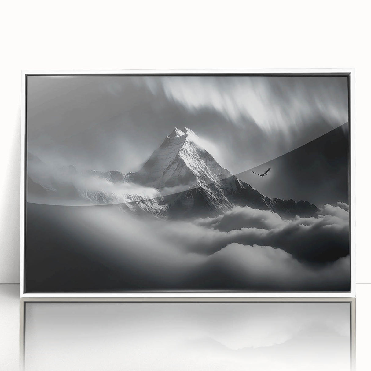 Acrylic print of a serene Nepalese landscape in muted earth tones, framed in white, ideal for modern art wall decor.