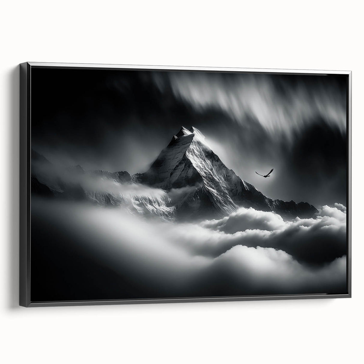 Black and white landscape art painting of a mountain in Nepal on framed canvas, suitable for bedroom wall decor.