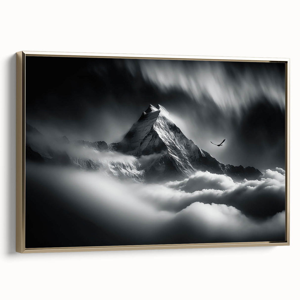 Framed canvas of a vintage-style landscape painting depicting a serene Nepalese scenery, in muted gold and black tones.