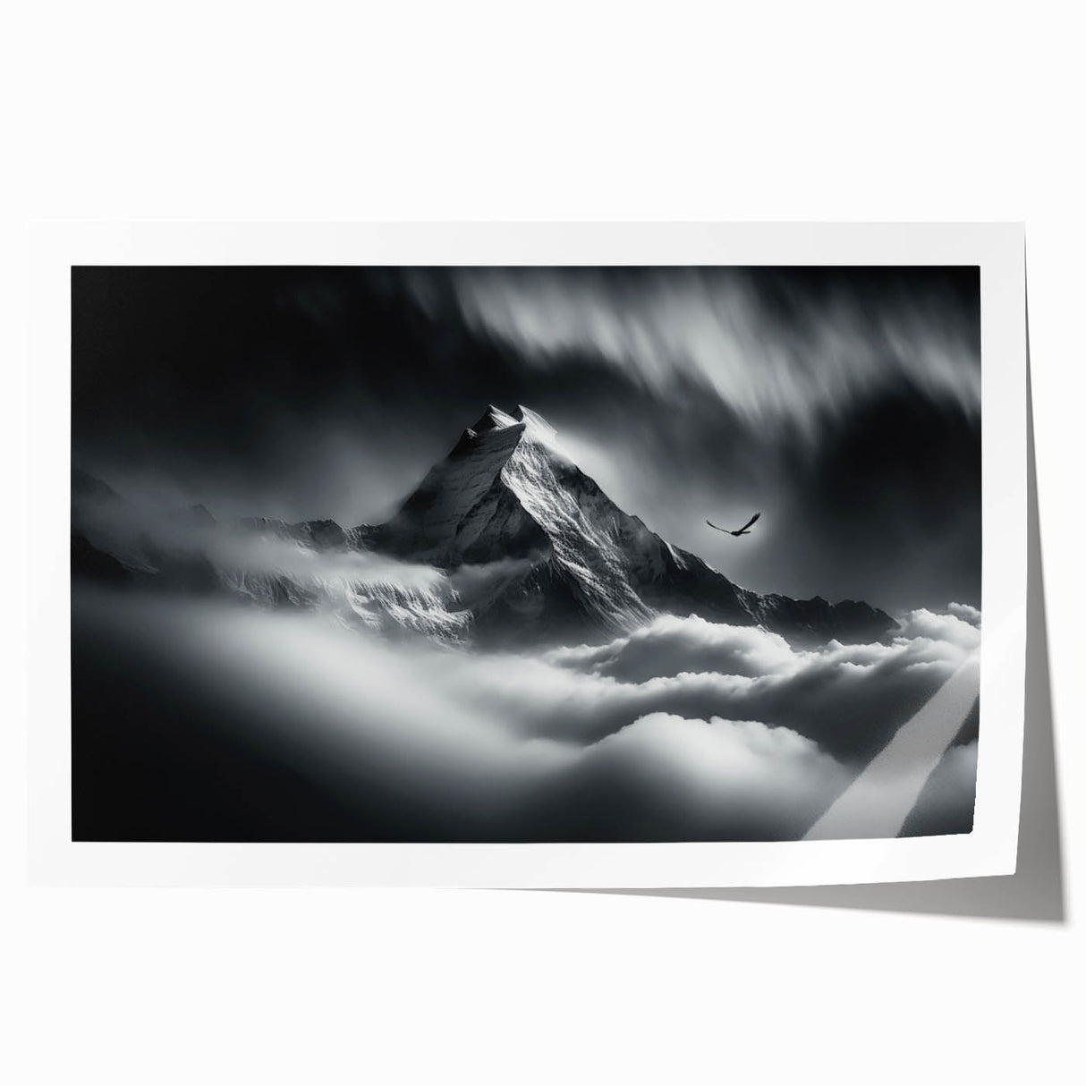 Extra large rolled print of a serene Nepalese landscape with lush florals in muted greens and blues.