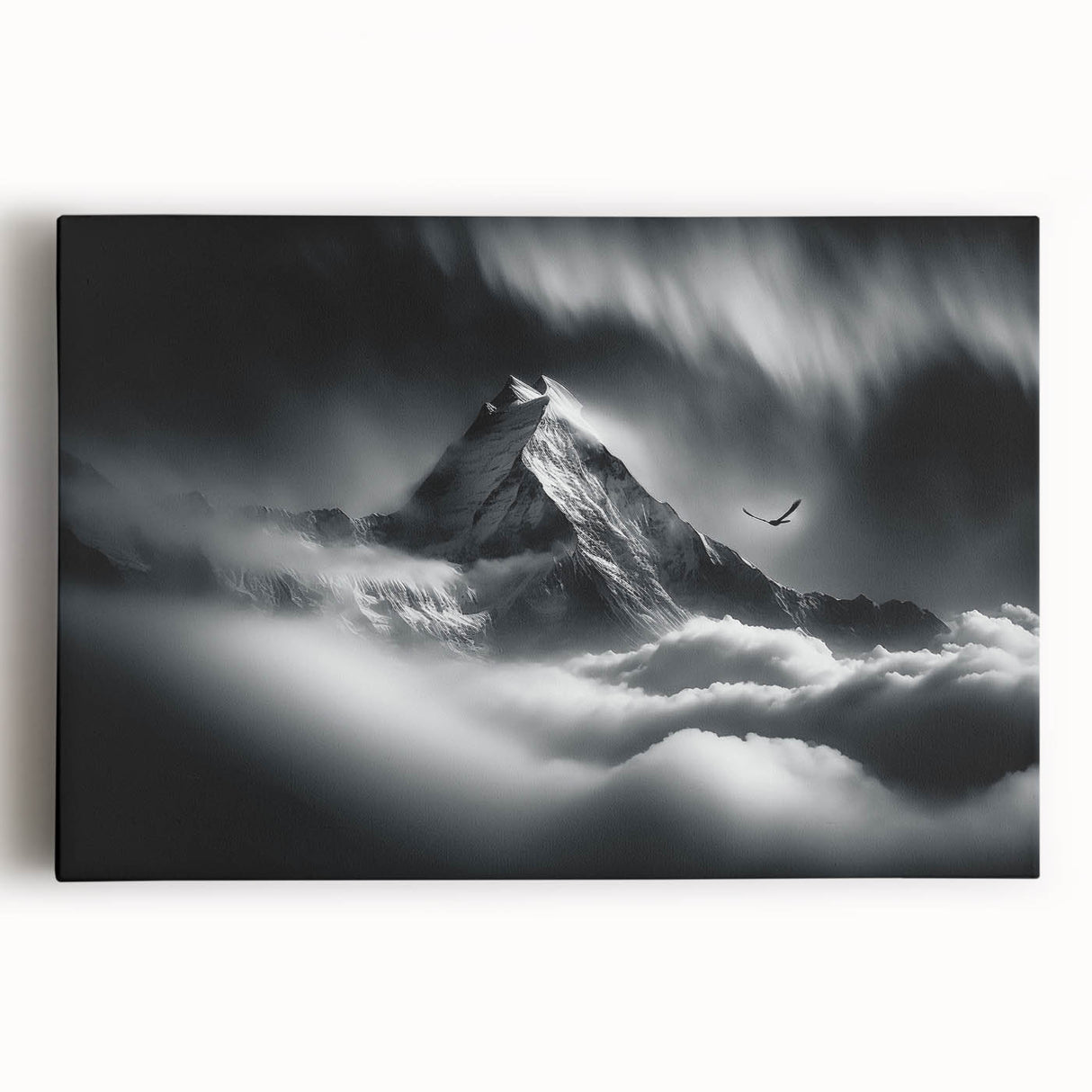 Black and white panoramic photo of the Himalayas on stretched canvas, ideal for kitchen wall art.