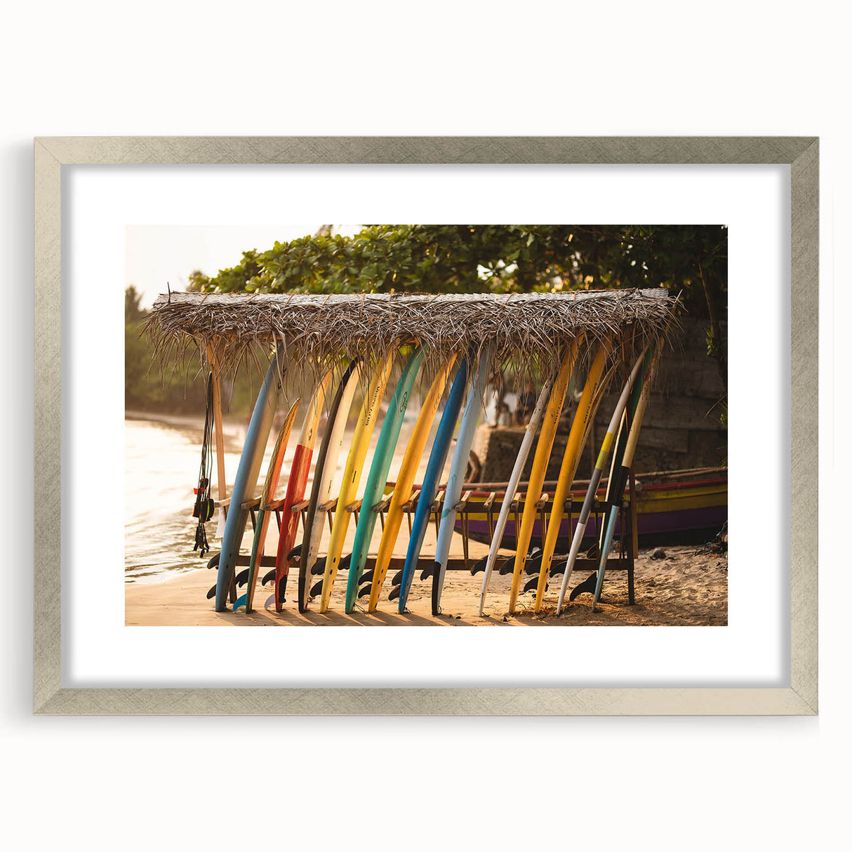 Textured abstract art print of Sri Lankan scenery in silver frame, ideal for bedroom decor.
