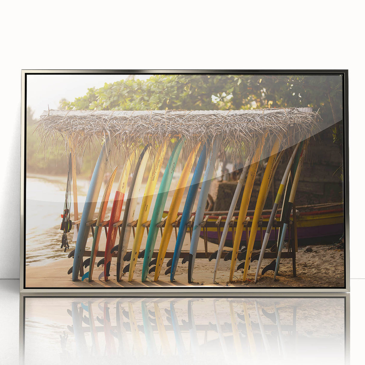 Mid-century modernist acrylic print of a serene Sri Lankan landscape, framed in silver, ideal for nursery wall art.