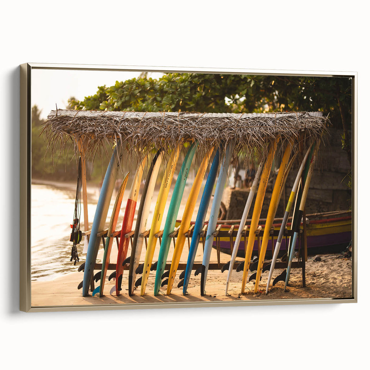 Framed canvas depicting a vintage-style Sri Lankan landscape in muted gold and black tones, ideal for bedroom wall art.
