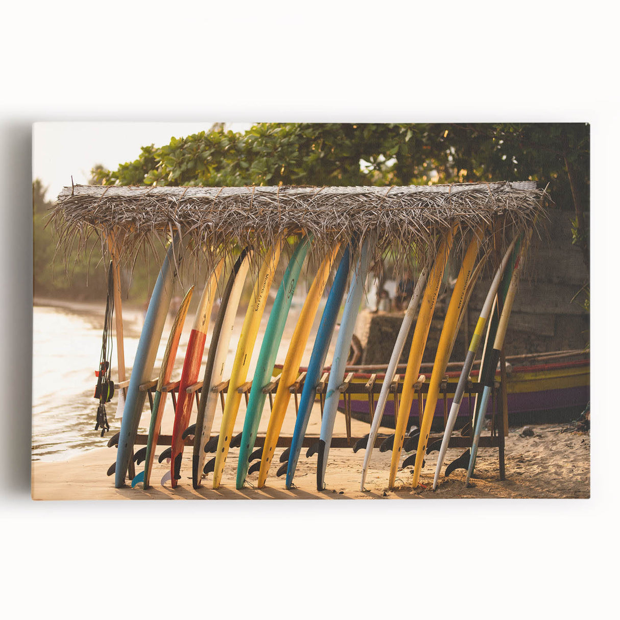 Black and white stretched canvas of a Sri Lankan landscape, ideal for kitchen art.