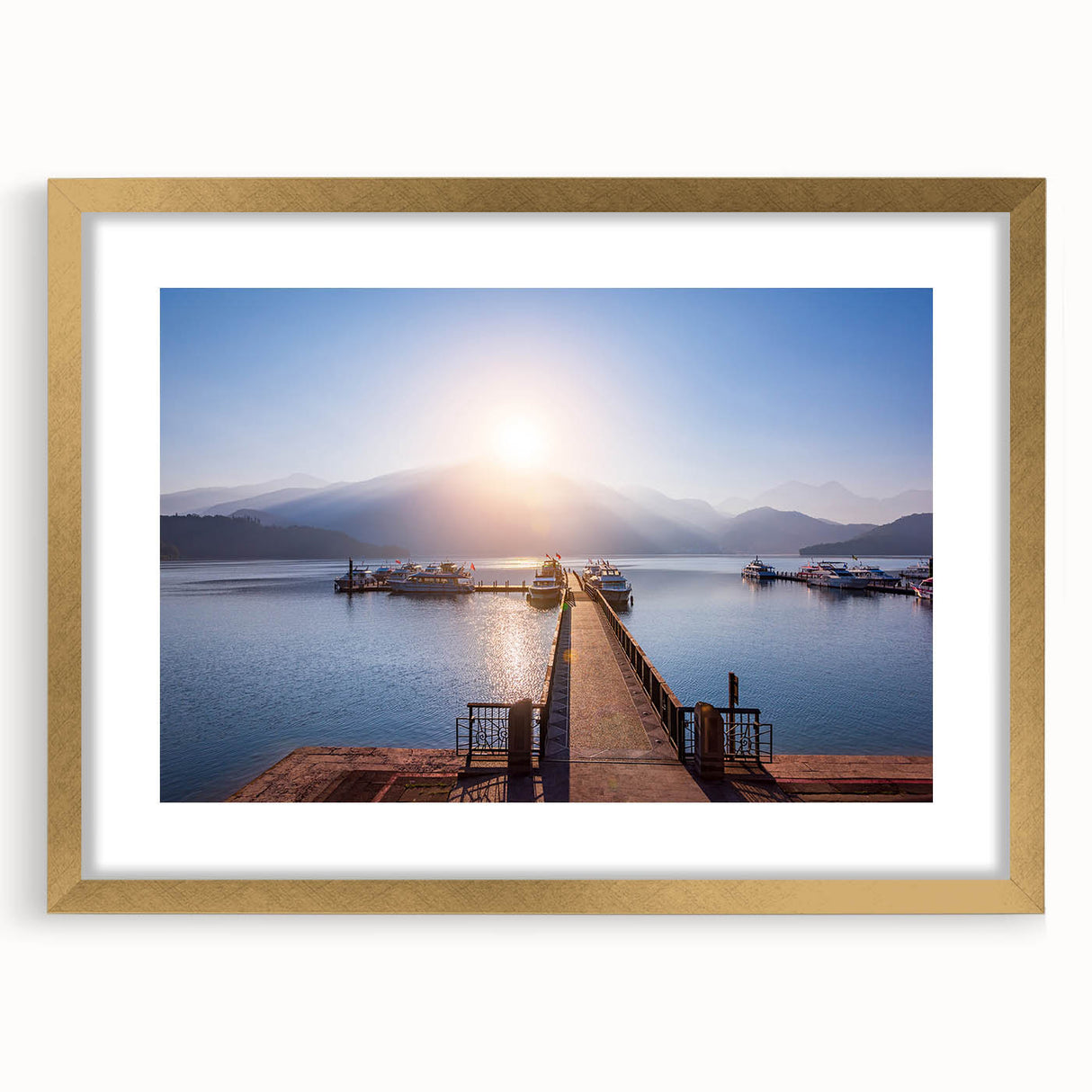 Extra large abstract art print depicting a textured Taiwanese landscape in muted earth tones, framed in gold.