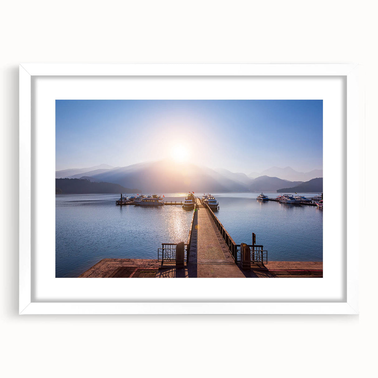 Abstract art print of a Taiwanese landscape in muted greens and blues on a framed white mat, suitable for dining room decor.