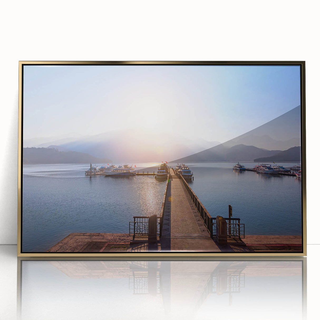 Large art print of a Taiwanese landscape in mid-century modernist style, framed in gold acrylic.