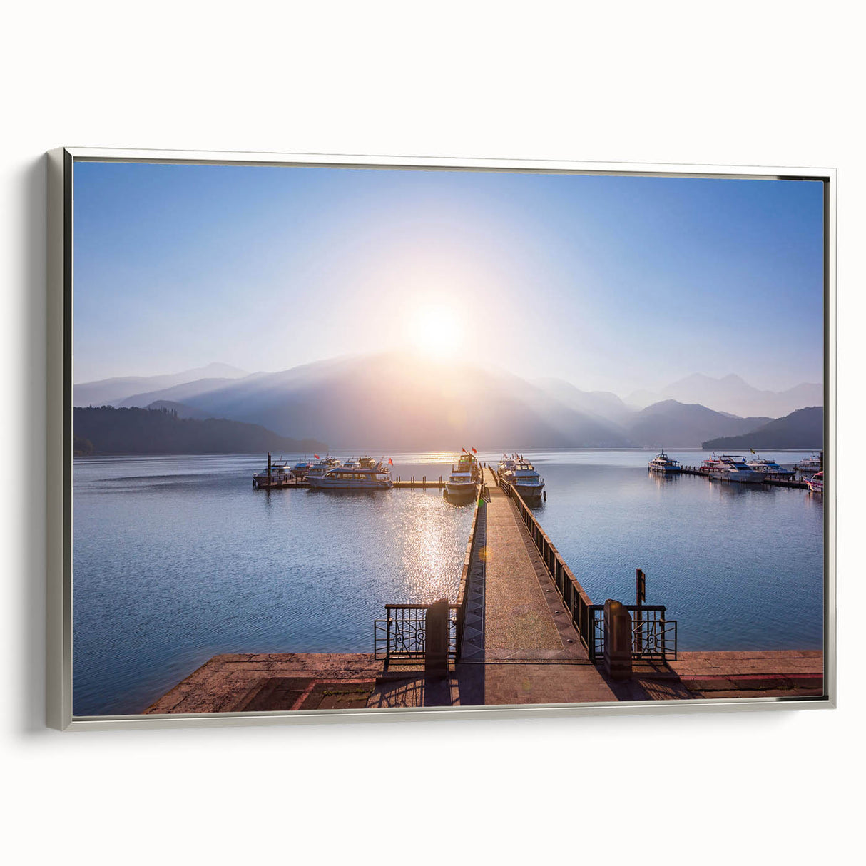Landscape art painting of a Taiwanese scenery on framed canvas, featuring vibrant colors with silver frame.