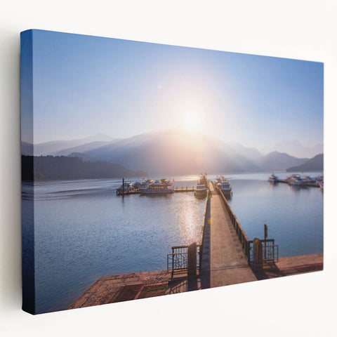 Side view of a large stretched canvas depicting a serene Taiwanese landscape, ideal for kitchen wall art.