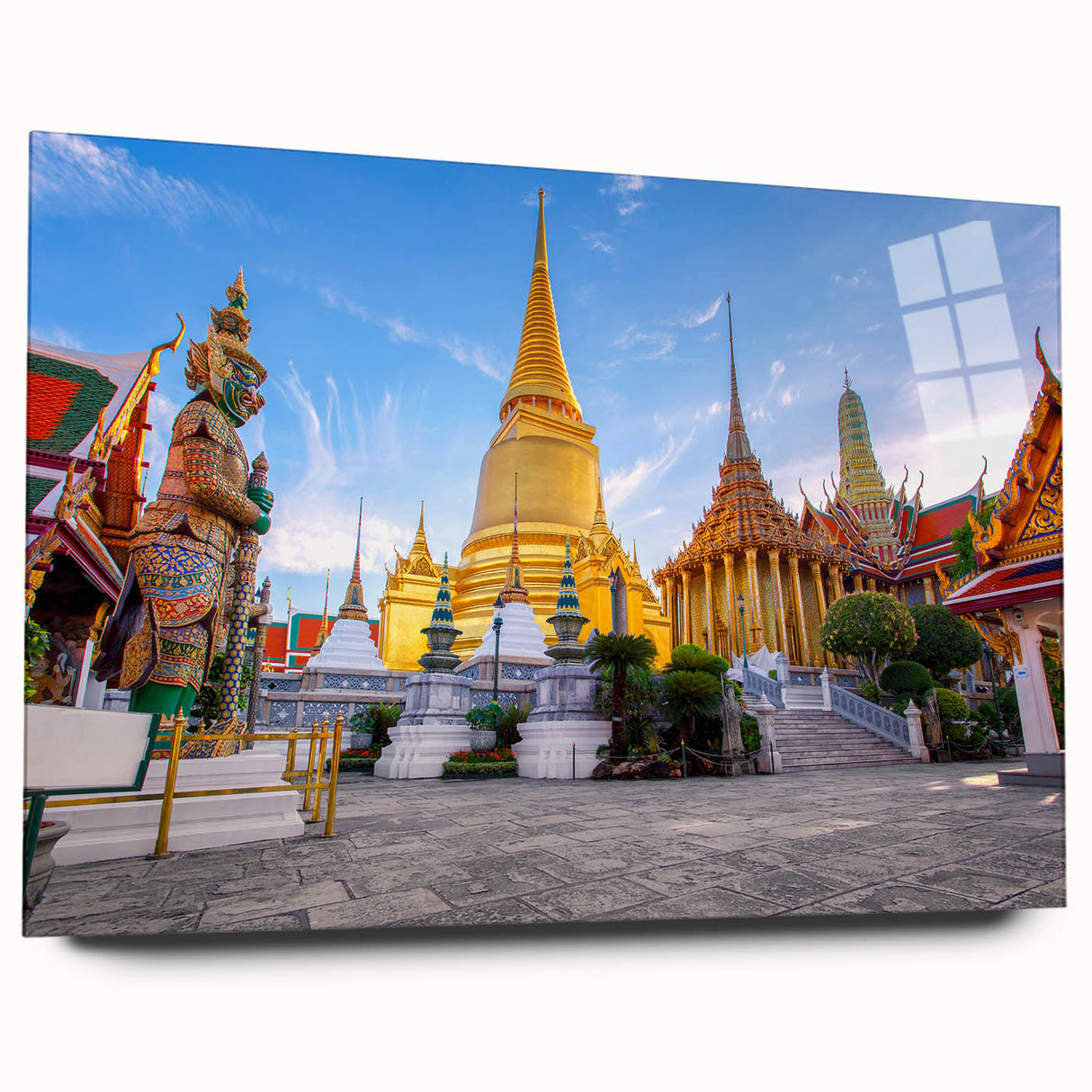 Large abstract wall art of Bangkok scenery in muted blues and greens on acrylic glass.